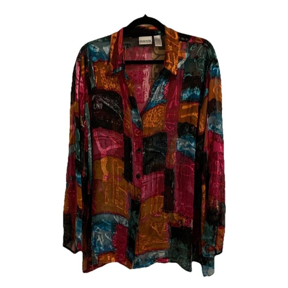 Chicos Size 3 Womens XL Top Patchwork Silk Rayon Button Collared Please Read - Picture 1 of 7